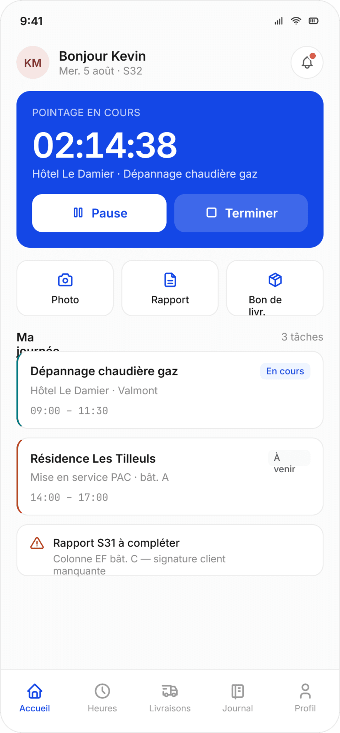 Accueil mobile : planning, pointage, documents accessibles même avec des gants