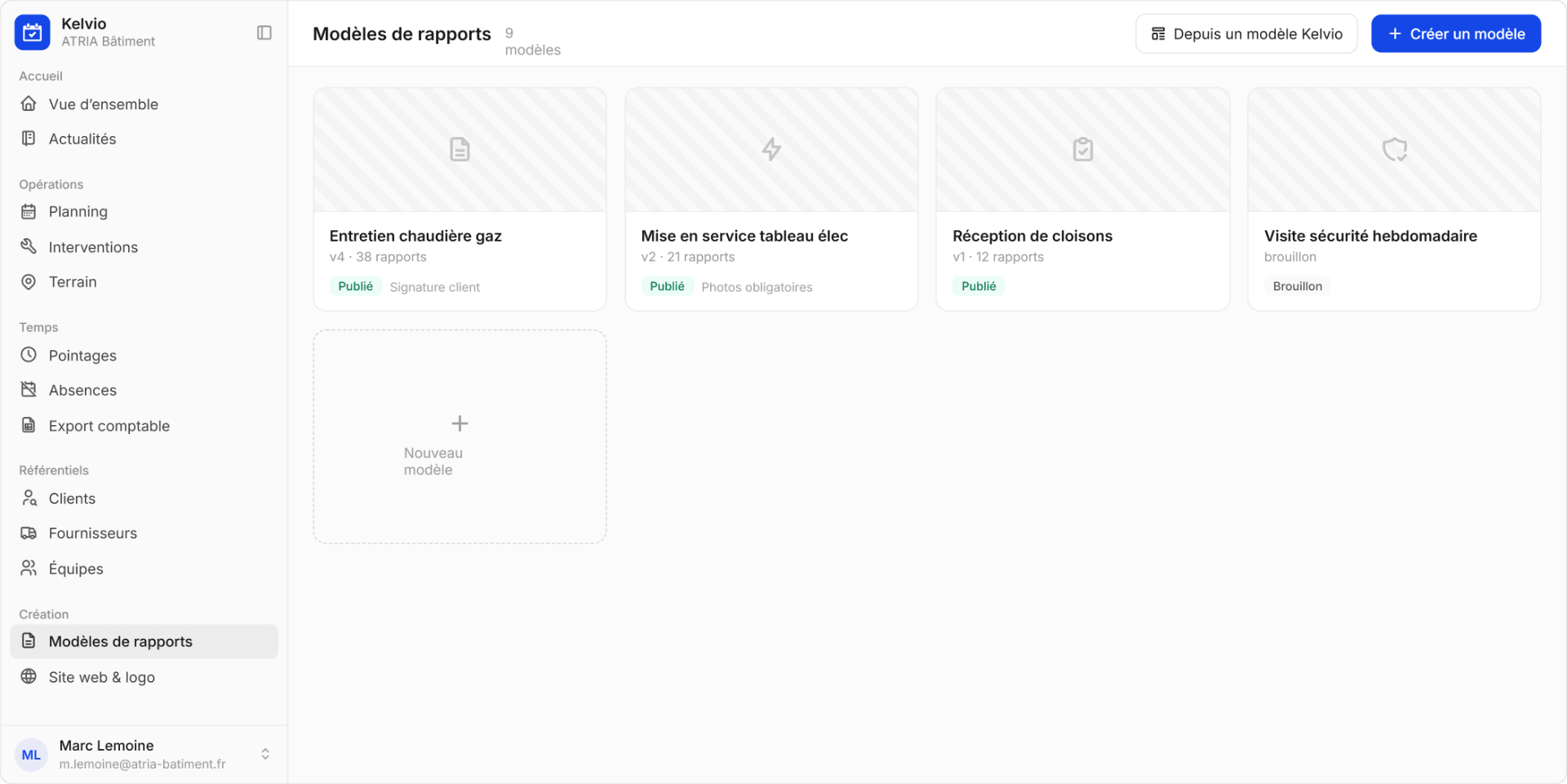 Éditeur de modèle de rapport Kelvio avec aperçu PDF