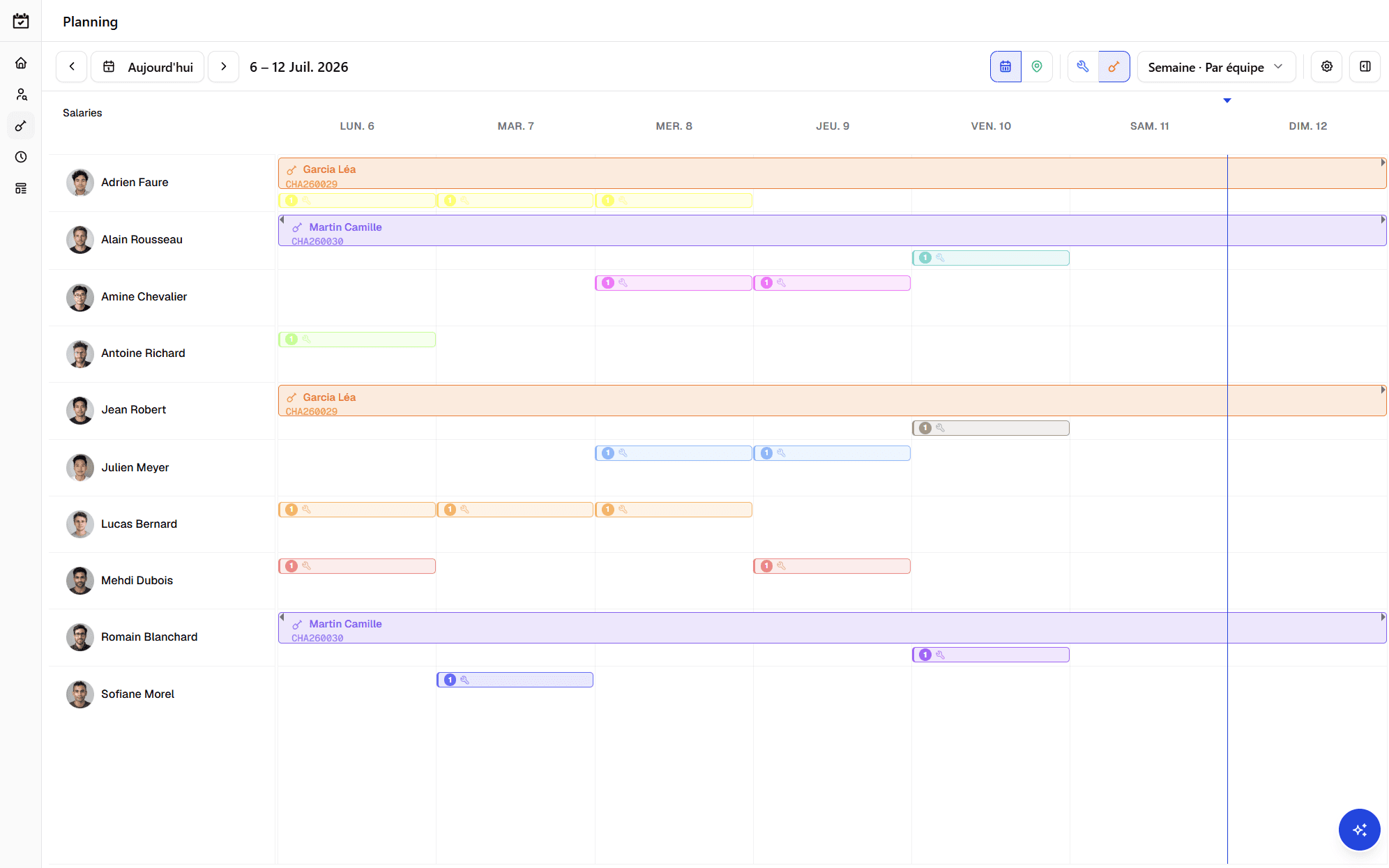 Vue Gantt du planning Kelvio : interventions et phases de chantier par salarié sur la semaine