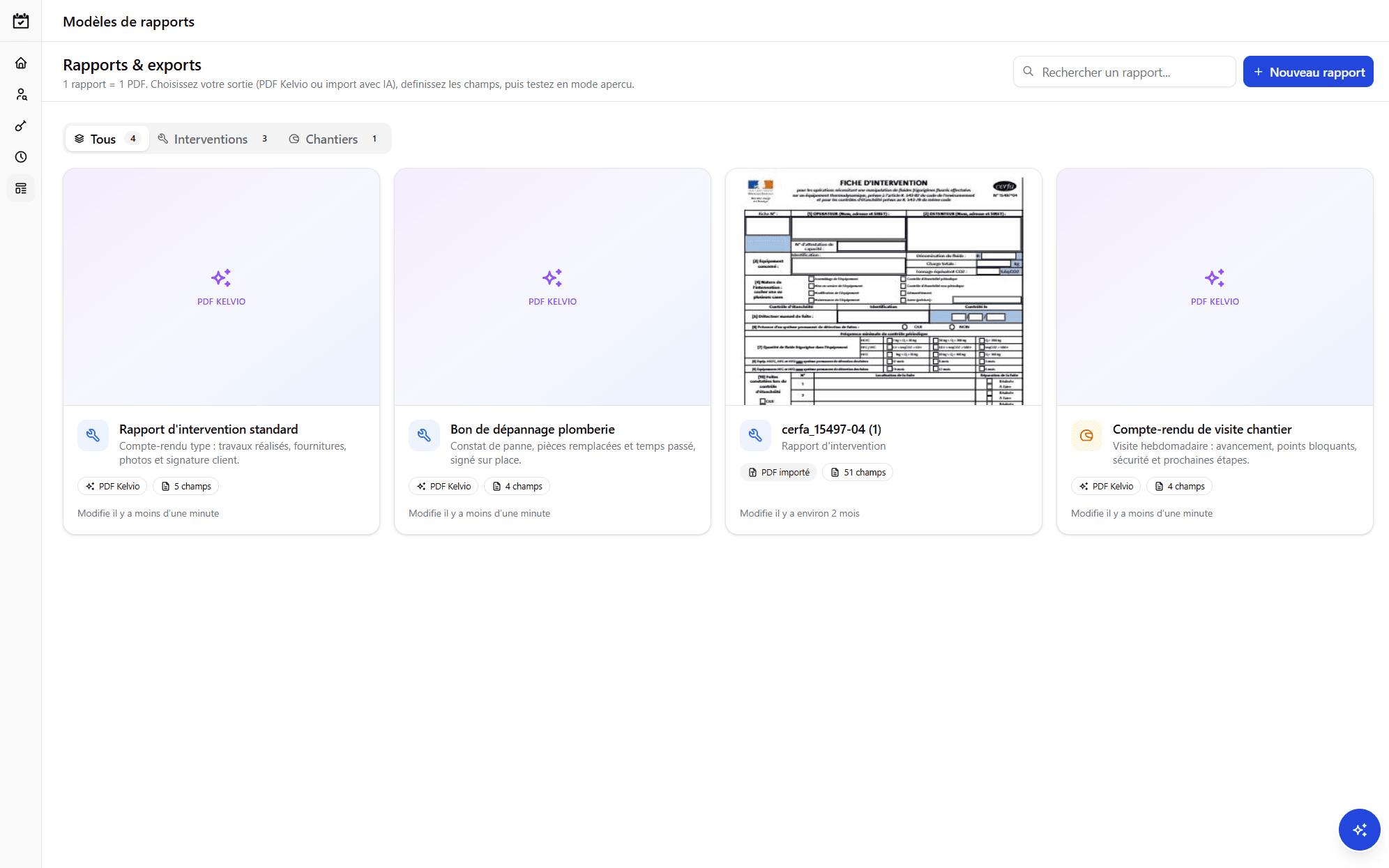 Modèles de rapports d'intervention Kelvio : rapports PDF personnalisés avec photos et signature client
