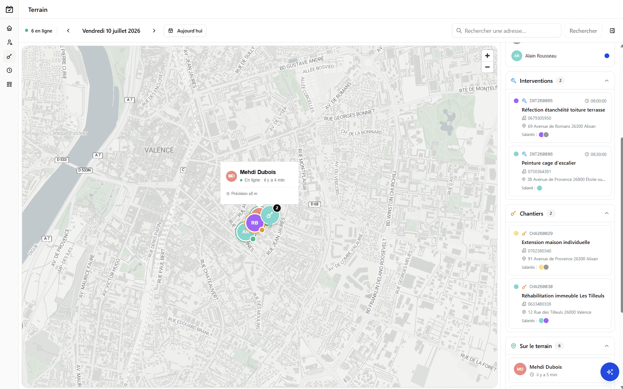 Suivi terrain Kelvio : carte temps réel avec la position des équipes, interventions et chantiers géolocalisés
